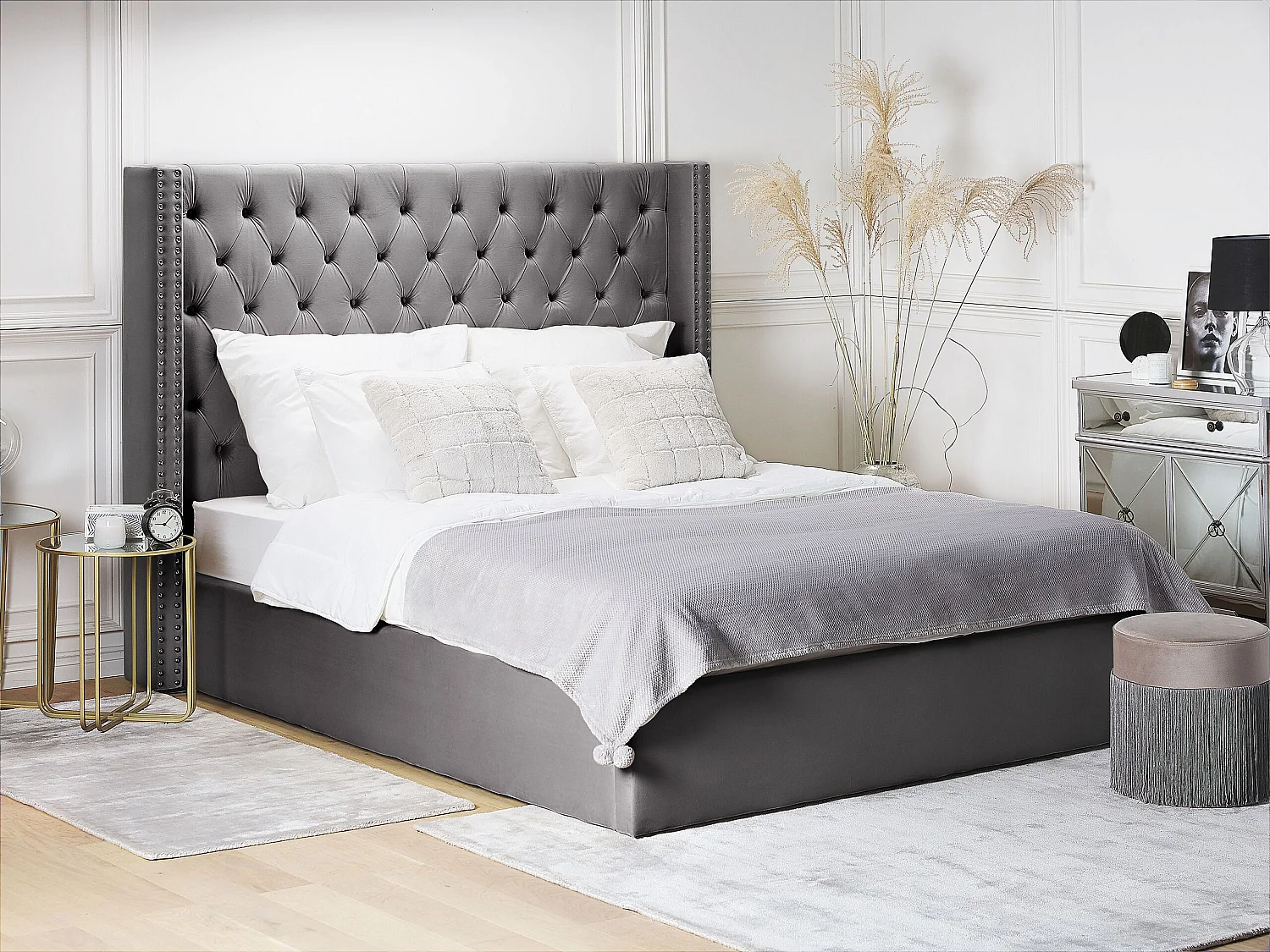 Lit ottoman Velours LUBBON 160 x 200 cm Gris