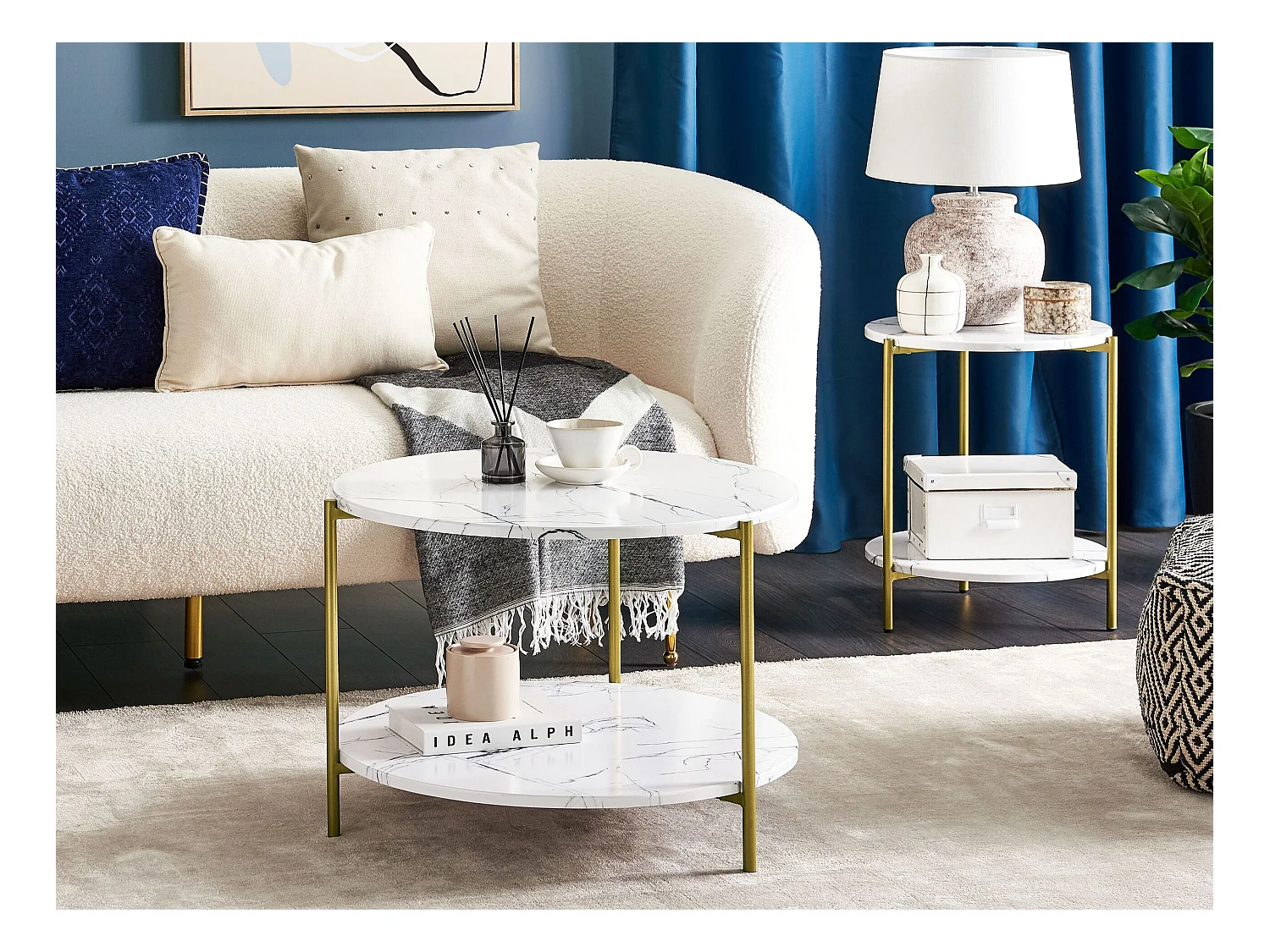 Couchtisch Marmor Optik weiß Metallbeine gold rund 60 cm mit Regal Glamour Reva