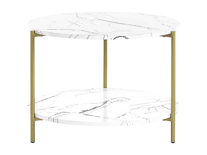 Couchtisch Marmor Optik weiß Metallbeine gold rund 60 cm mit Regal Glamour Reva