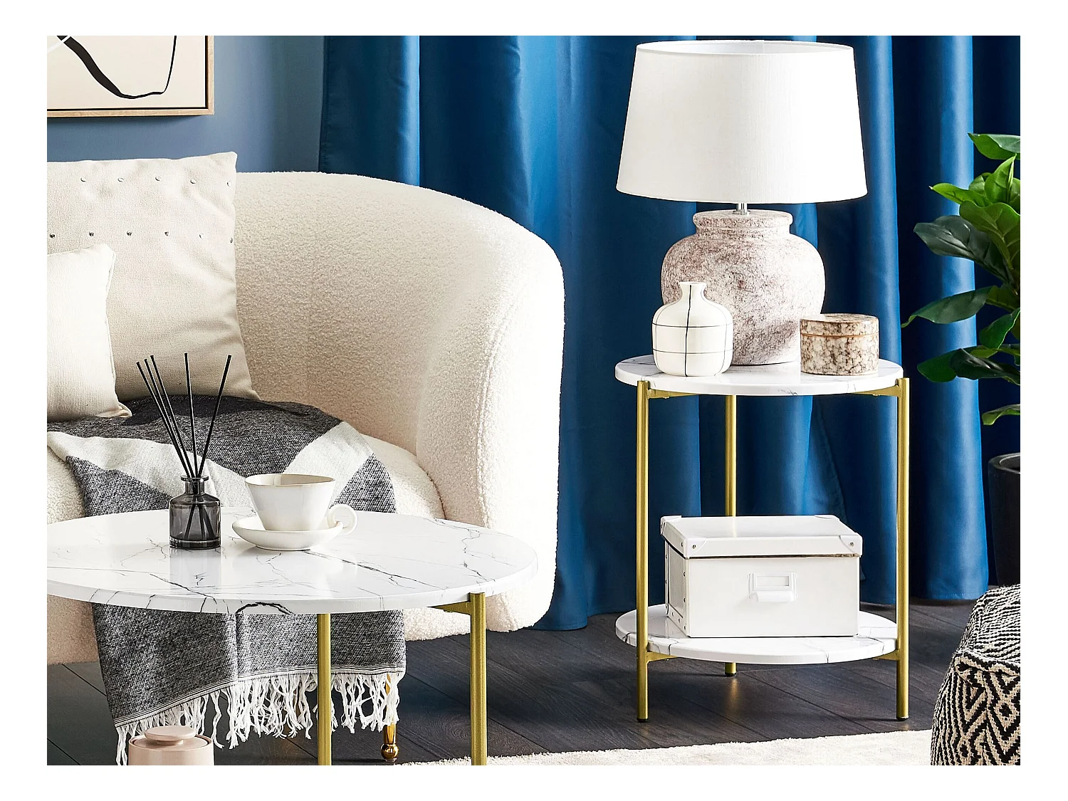 Beistelltisch Marmor Optik weiß Metallbeine gold rund 40 cm mit Regal Glam Reva