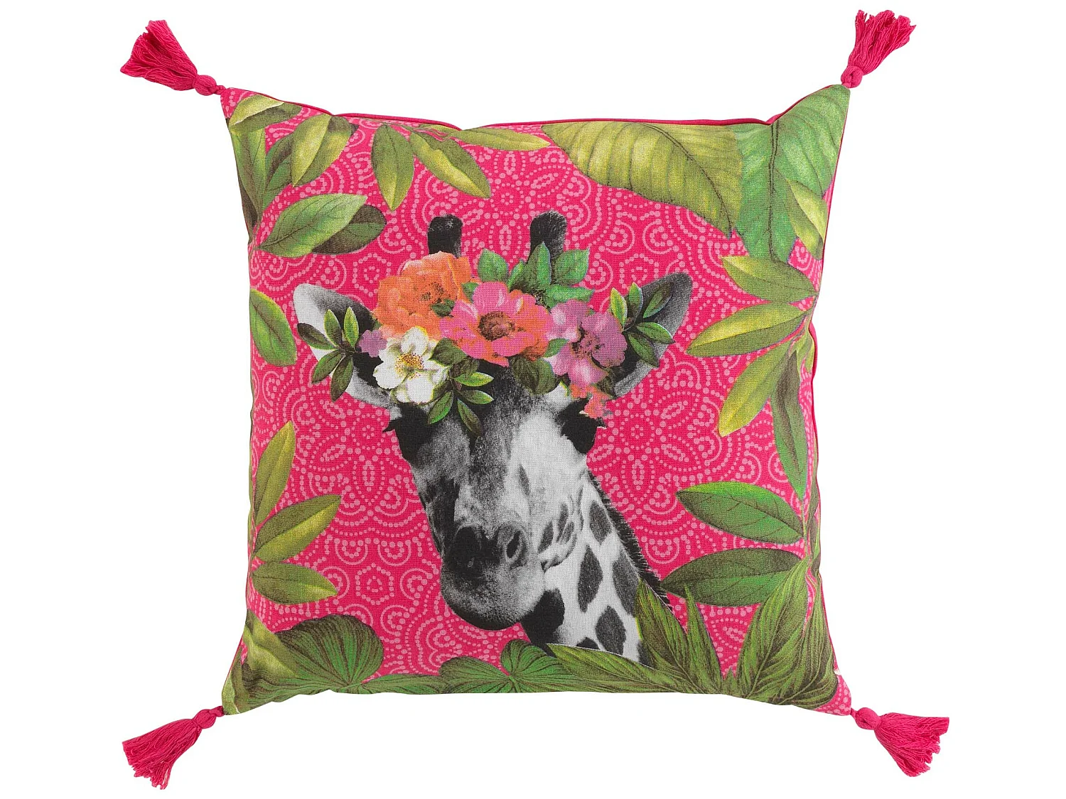 Coussin pompons Girafe en fleurs