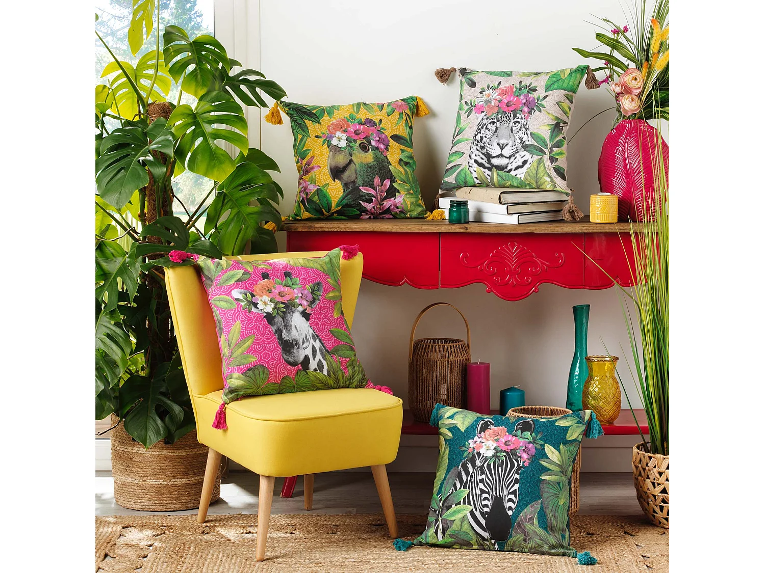 Coussin pompons Girafe en fleurs