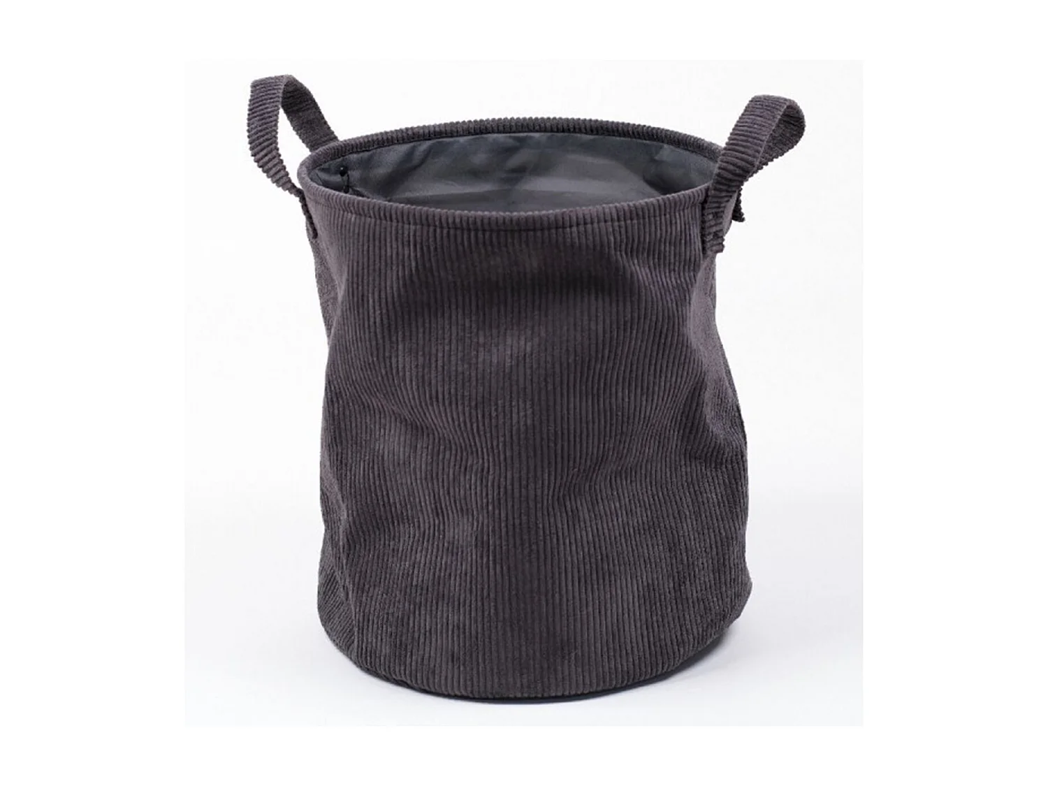 Ronde corduroy mand met twee handgrepen aan de zijkant. Houtskool 40x45cm