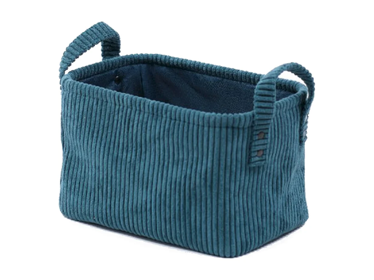 Corduroy mand met handvatten aan de zijkant. Petrol Blauw 35x25x22cm