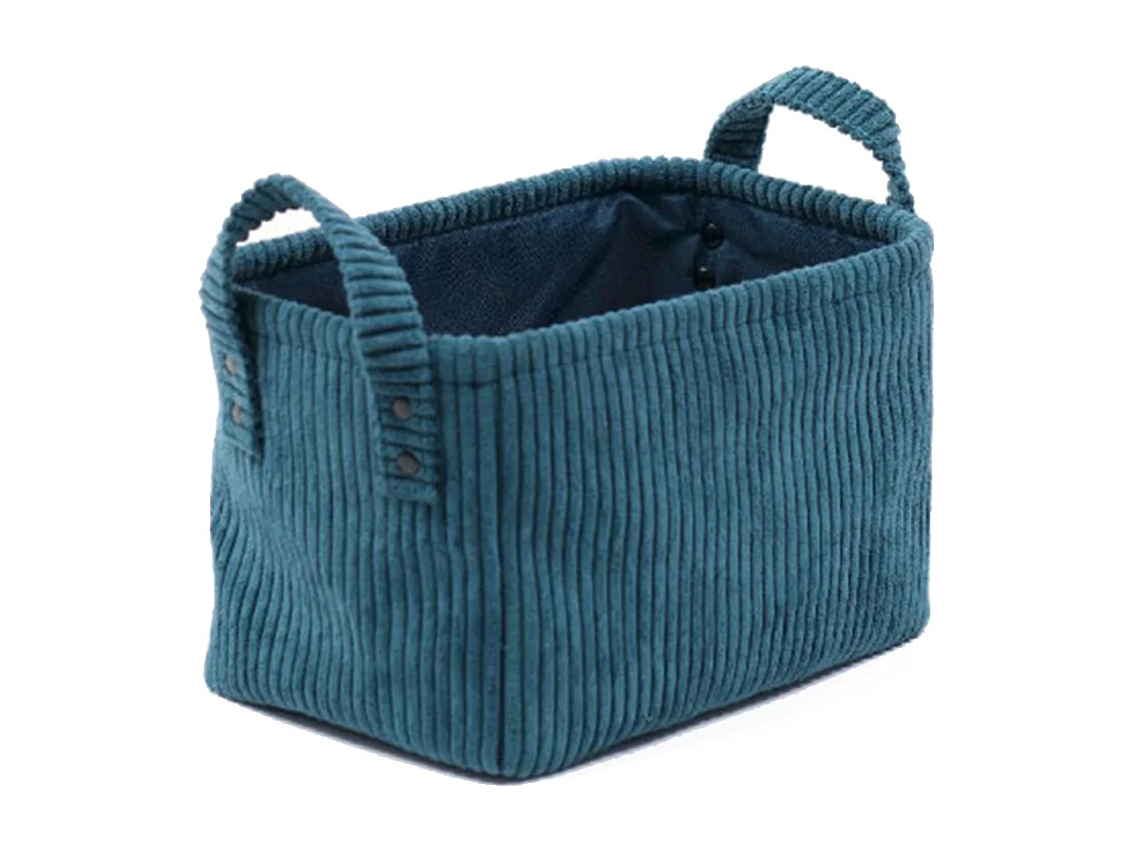 Cestino in velluto a coste con manici laterali. Blu Petrolio 35x25x22cm