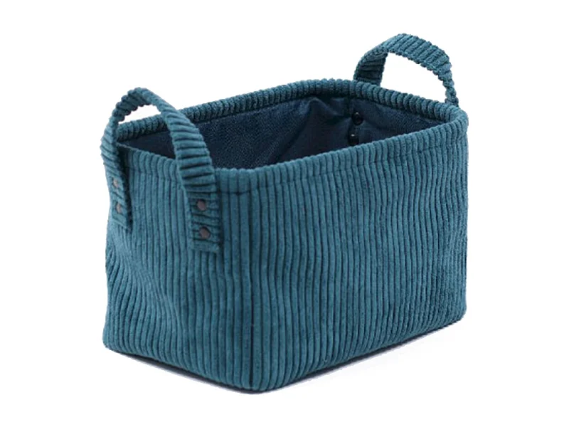 Cestino in velluto a coste con manici laterali. Blu Petrolio 35x25x22cm