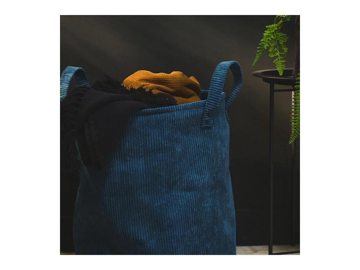 Ronde corduroy mand met twee handgrepen aan de zijkant. Petrol Blauw 40x45cm