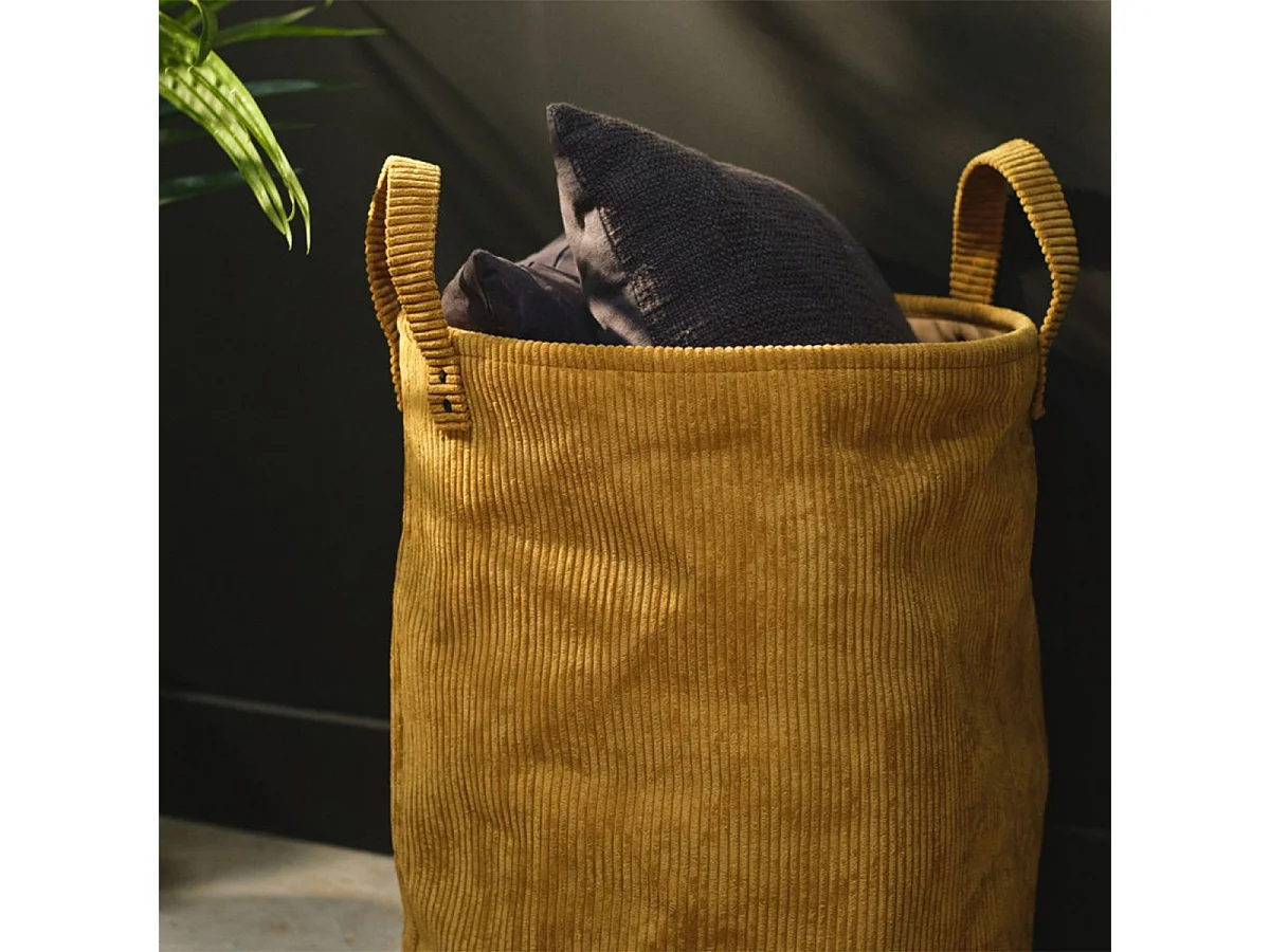 Ronde corduroy mand met twee handgrepen aan de zijkant. Brons 40x45cm