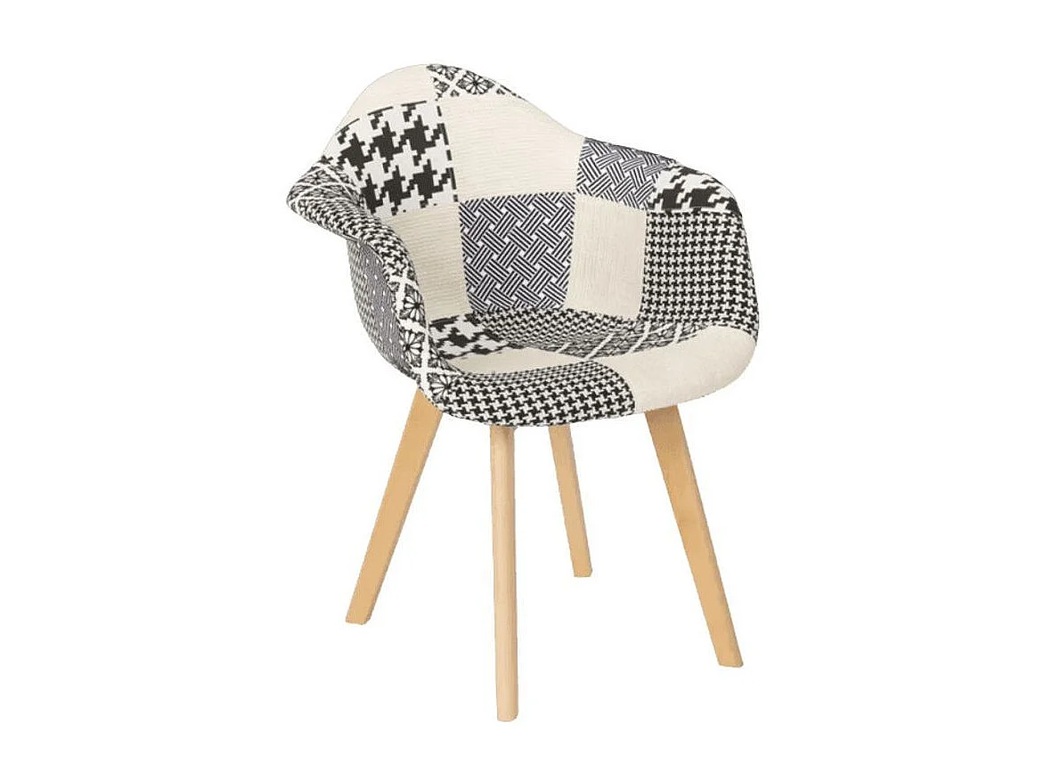 Fauteuil patchwork gris et blanc et pied hêtre naturel Karoli