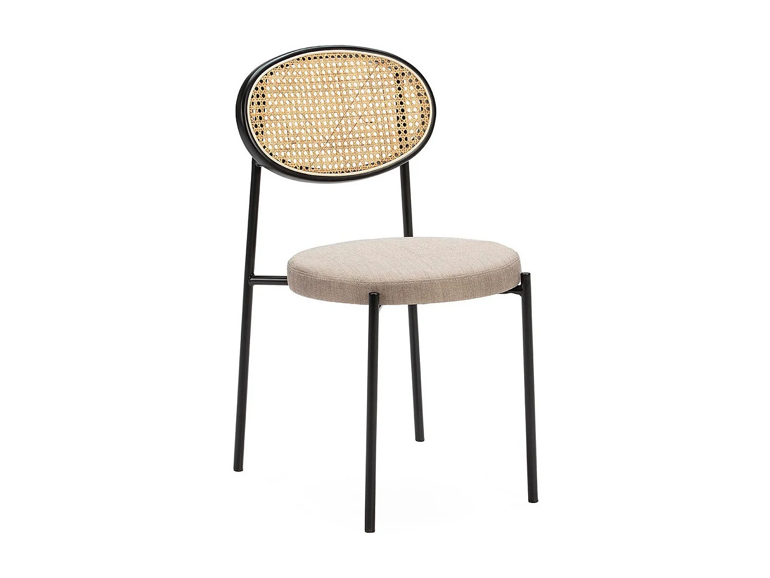 Chaise tissu gris avec rotin naturel et métal noir Hery