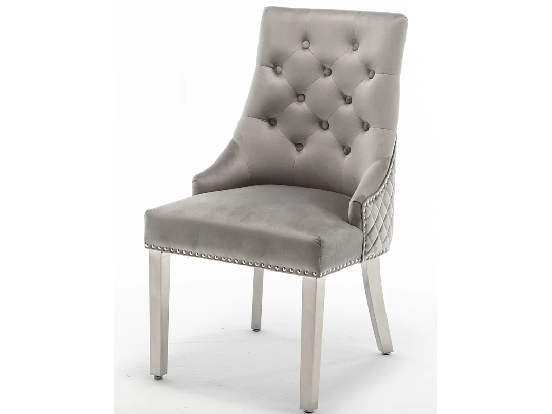 Chaise capitonnée velours avec anneau au dos et pied métal chromé Royal - Lot de 2-Gris clair