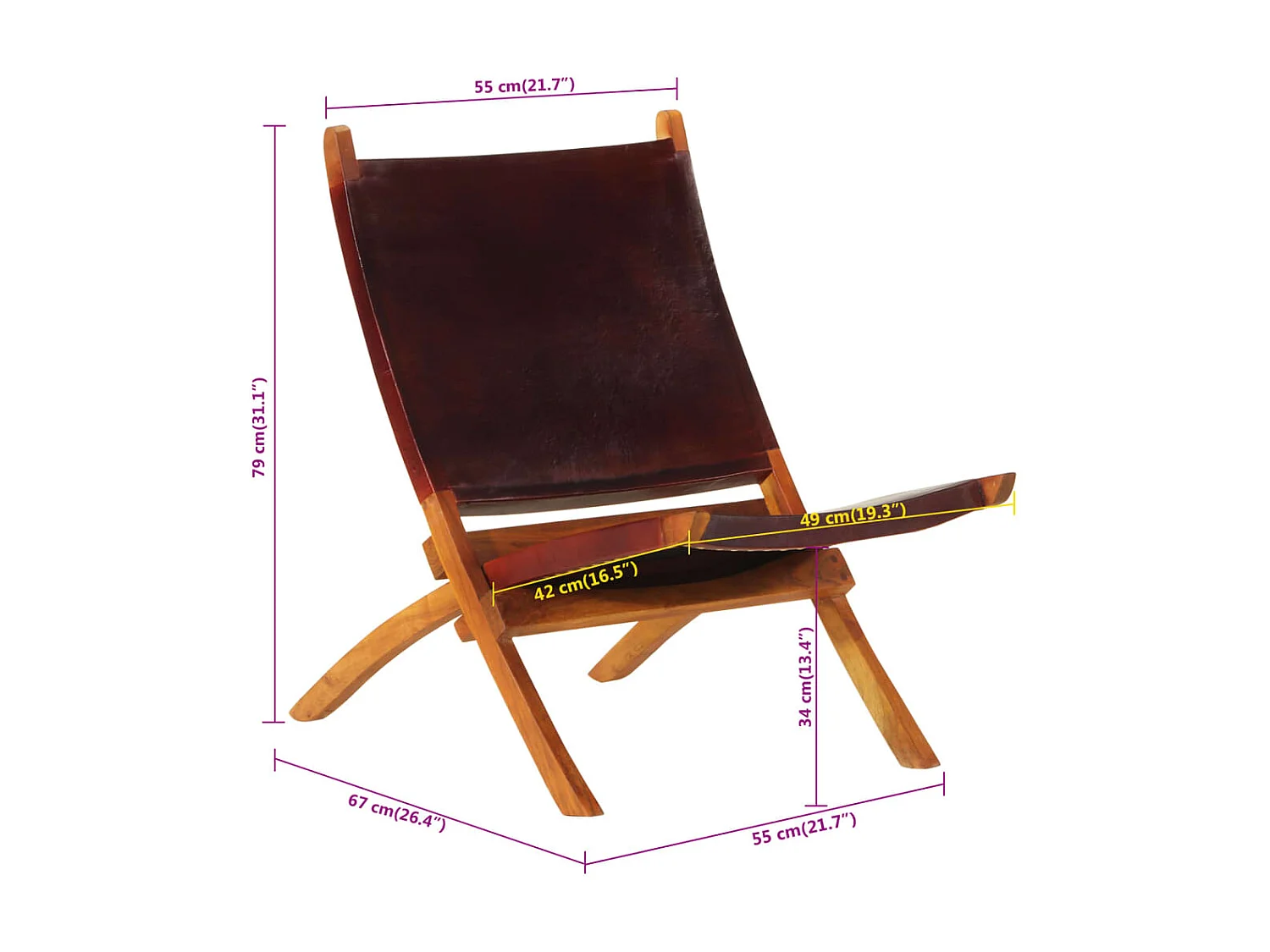 Chaise de relaxation pliable cuir véritable marron foncé