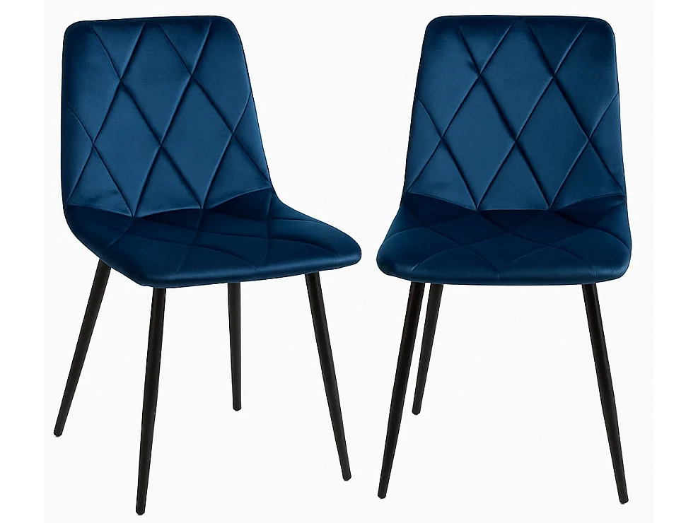 Juego de 2 sillas ARIEL – Terciopelo acolchado con rombos y patas de acero negro-Azul