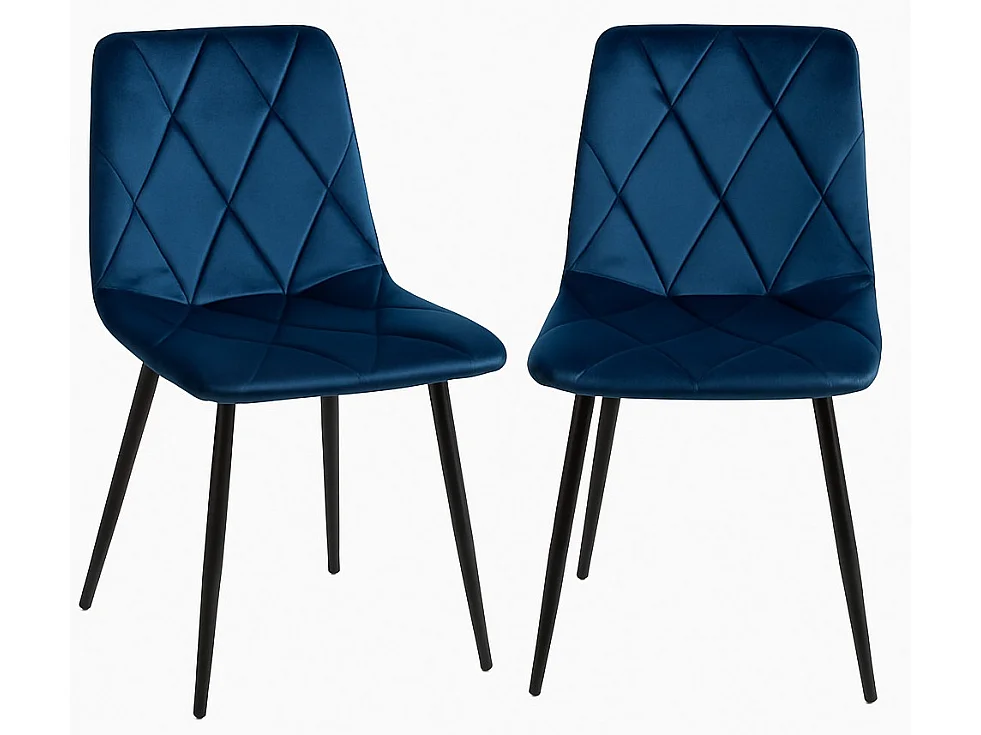 Juego de 2 sillas ARIEL – Terciopelo acolchado con rombos y patas de acero negro-Azul