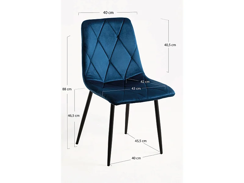 Juego de 2 sillas ARIEL – Terciopelo acolchado con rombos y patas de acero negro-Azul
