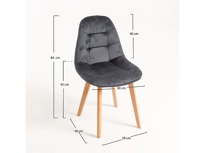 Silla Wany de terciopelo gris oscuro con patas de haya maciza clara - Lote de 2