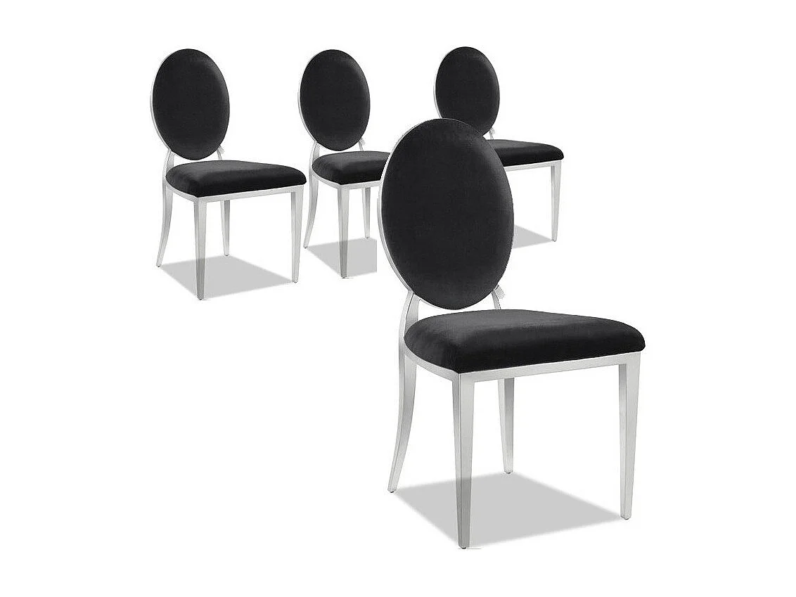 Chaise médaillon velours noir et pied métal argenté effet miroir Arel - Lot de 4