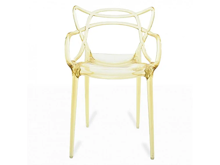 Silla Beliano moderna con reposabrazos dorados transparentes.