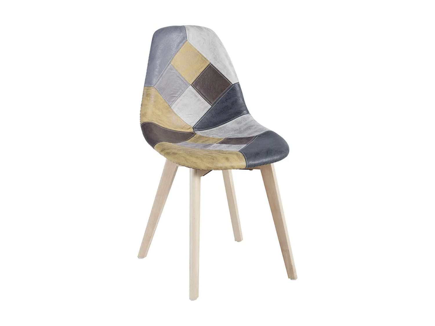 Chaise en similicuir patchwork jaune et pied en hêtre massif clair – Modèle Vinko