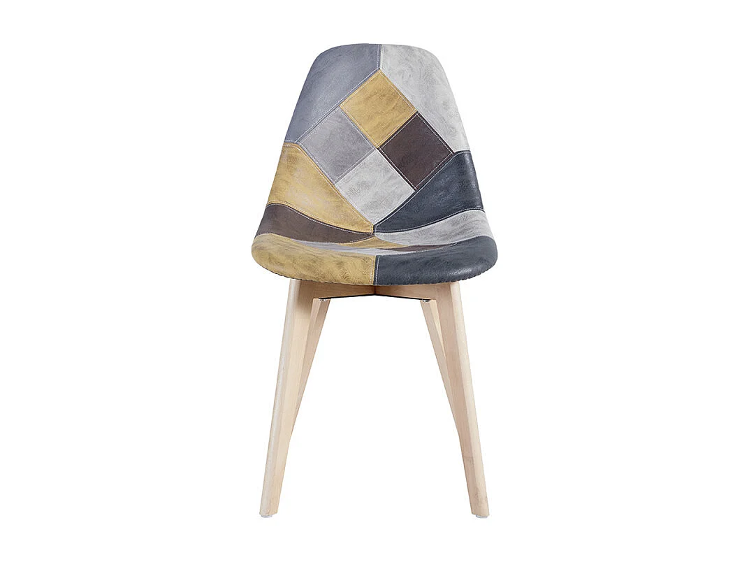 Chaise en similicuir patchwork jaune et pied en hêtre massif clair – Modèle Vinko
