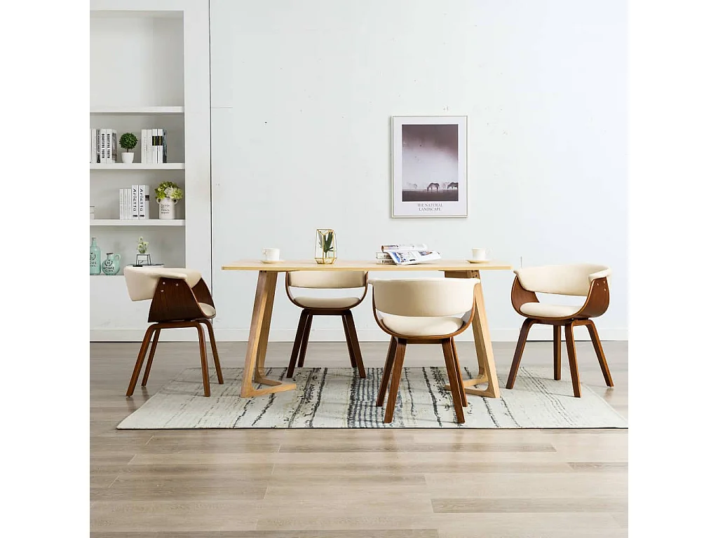 Chaise de salle à manger bois marron courbé et similicuir beige Kobaly- Lot de 4