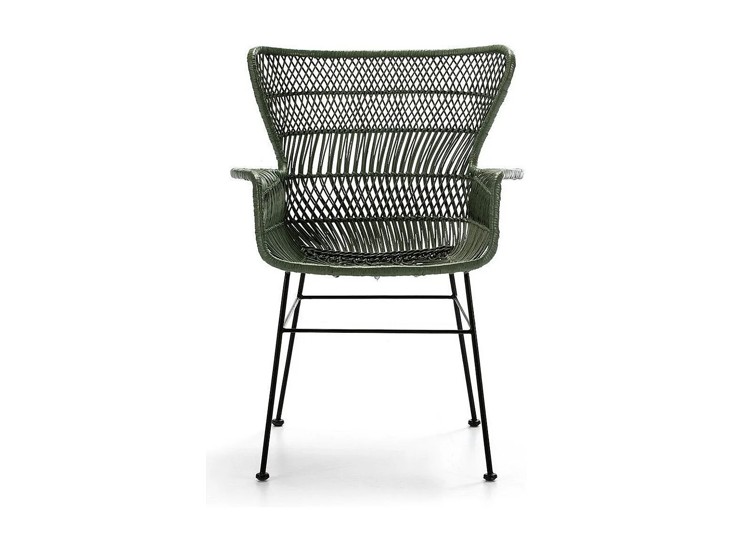 Stoel met groene rieten armleuningen en zwart metalen poten van Mim's