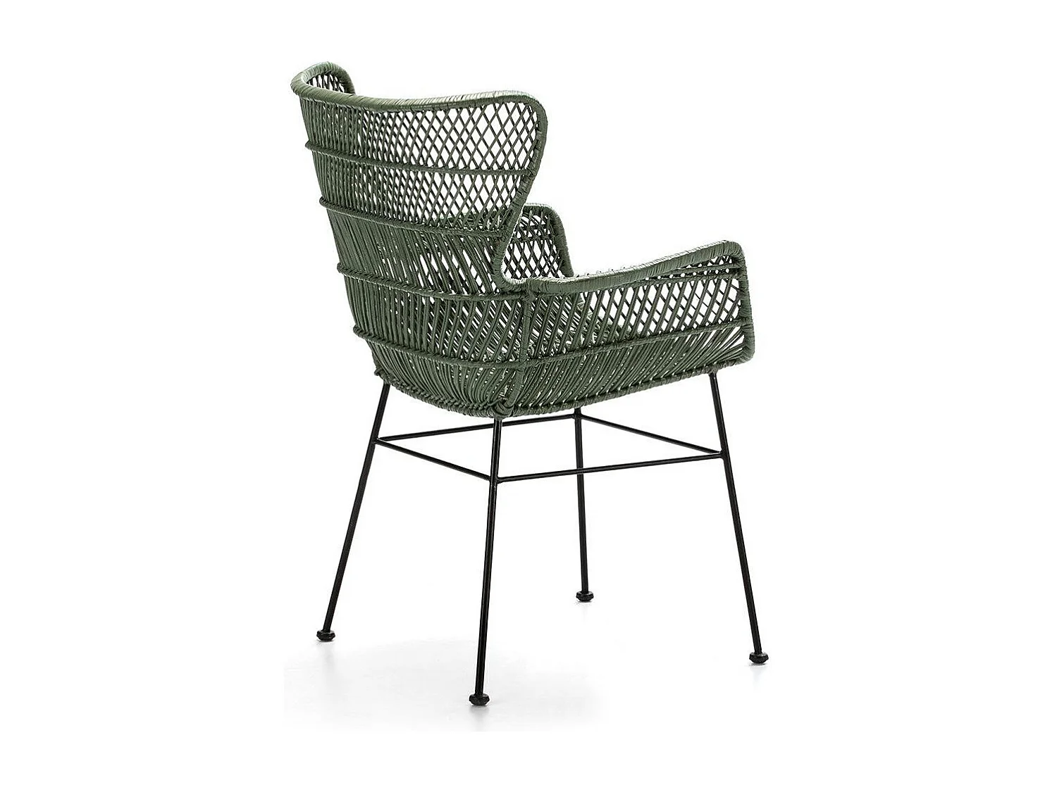 Stoel met groene rieten armleuningen en zwart metalen poten van Mim's