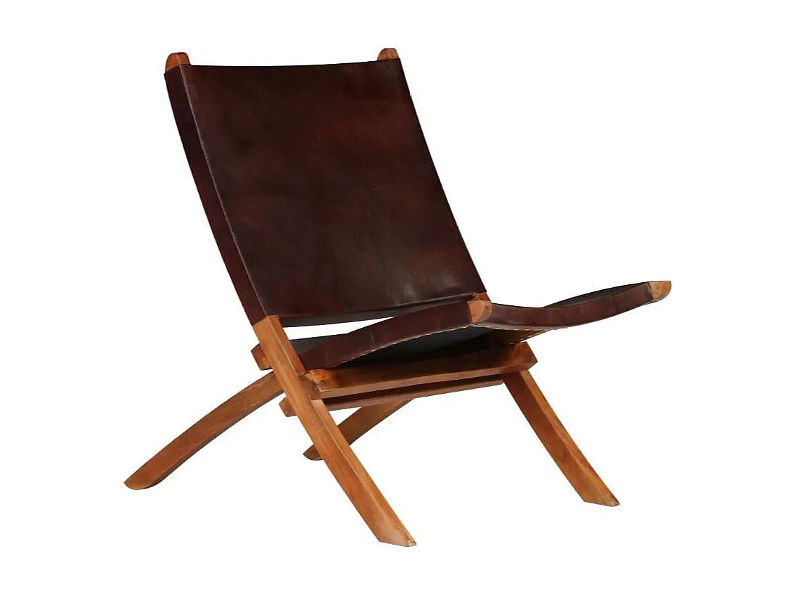 Chaise pliante cuir marron et acacia laqué foncé Manilou
