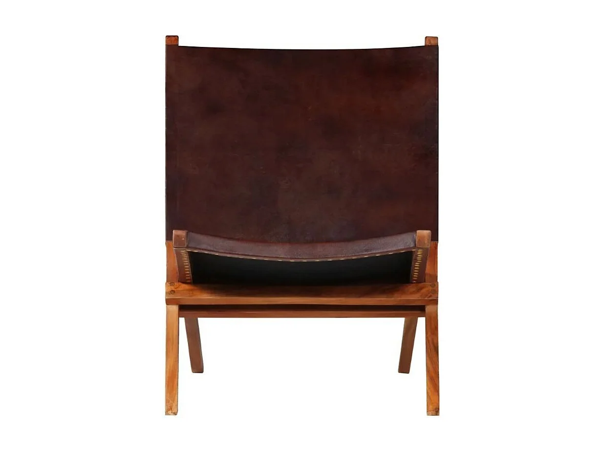 Chaise pliante cuir marron et acacia laqué foncé Manilou