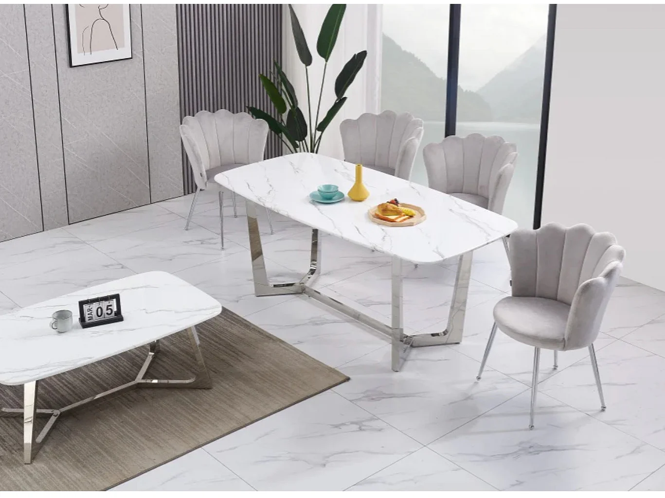 Chaise moderne velours et pied métal chromé Pétale - Lot de 2-Beige clair