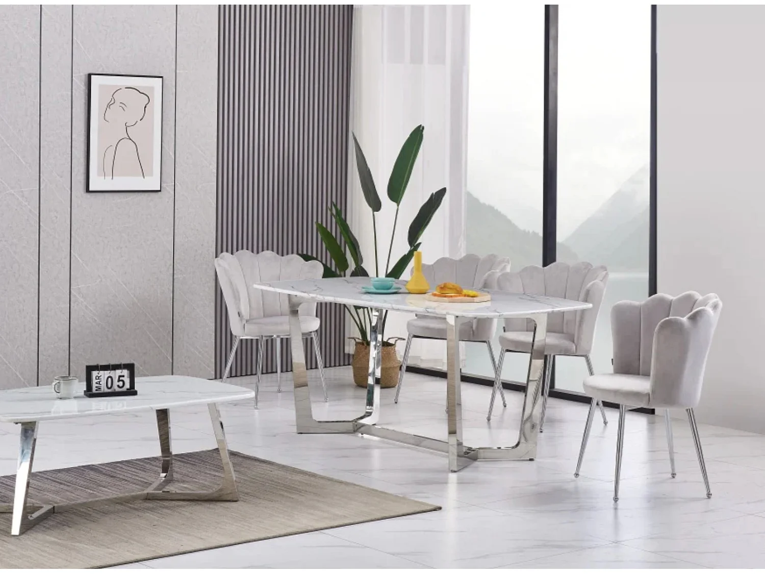 Chaise moderne velours et pied métal chromé Pétale - Lot de 2-Beige clair