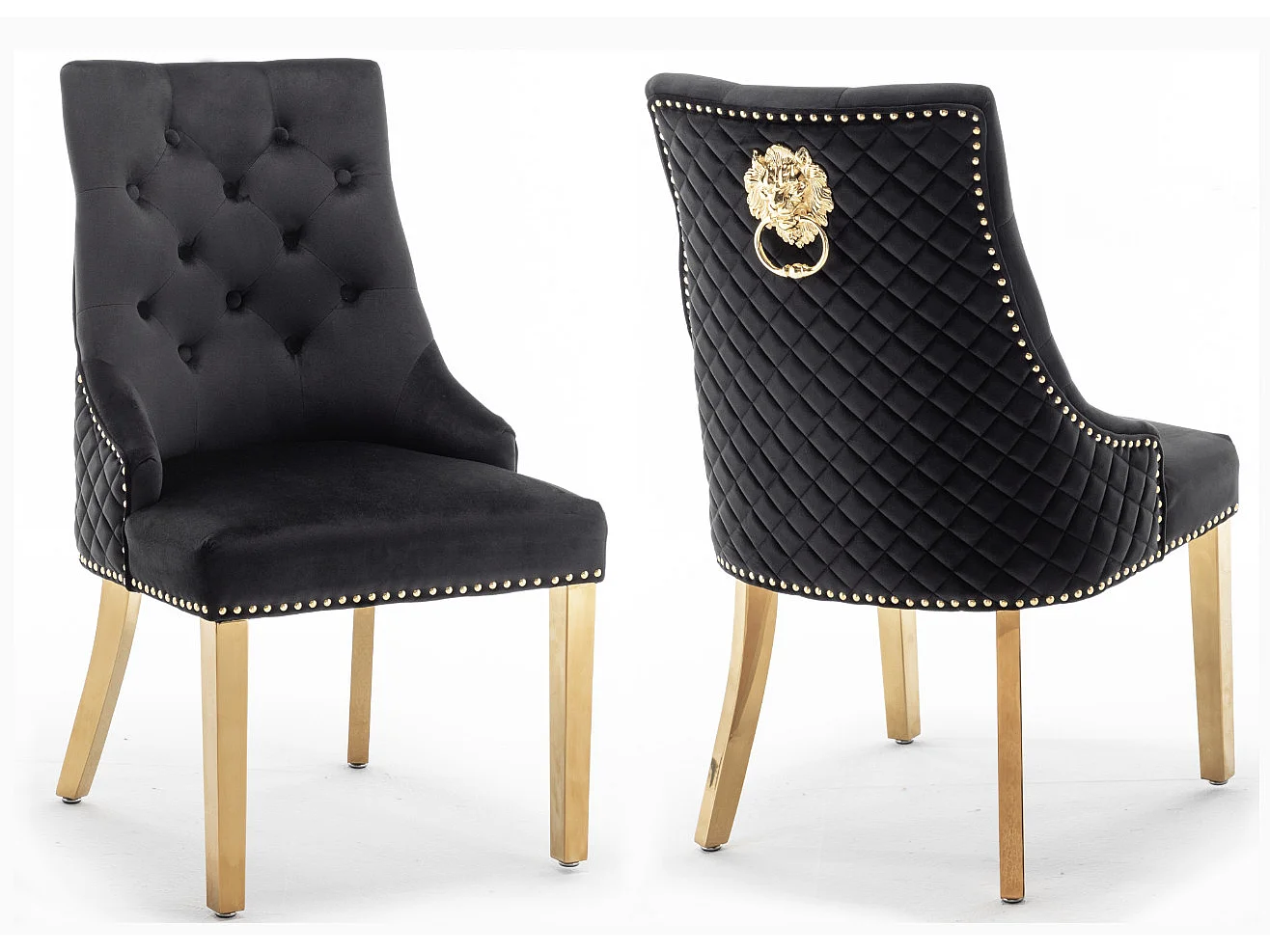 Chaise capitonnée velours avec anneau d'un lion au dos et pied métal doré Elena - Lot de 2-Gris foncé
