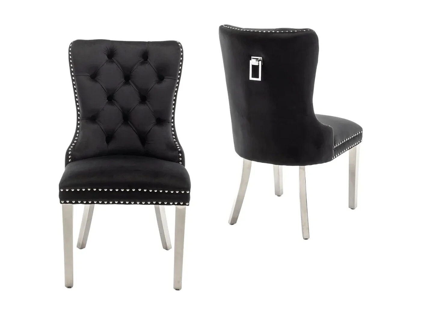 Chaise design velours capitonné clouté et pied acier chromé Kazar - Lot de 2-Gris