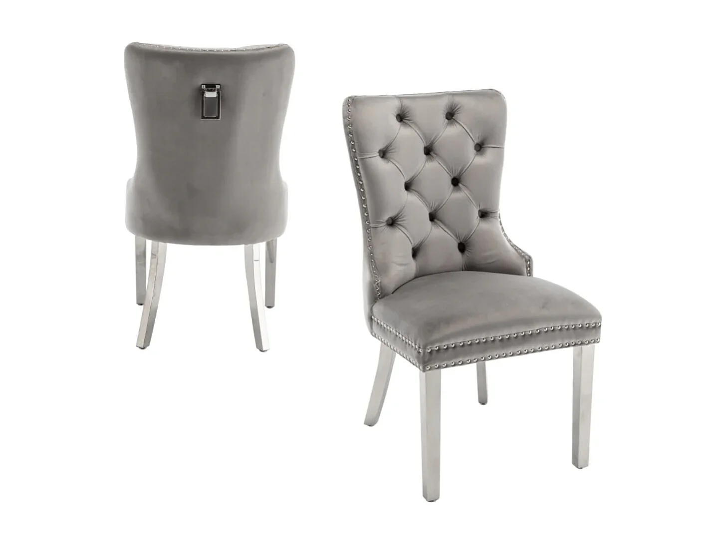 Chaise design velours capitonné clouté et pied acier chromé Kazar - Lot de 2-Gris