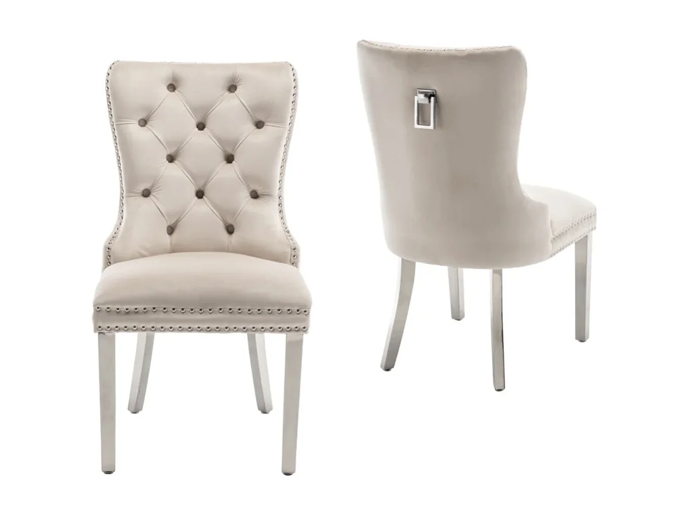 Chaise design velours capitonné clouté et pied acier chromé Kazar - Lot de 2-Gris