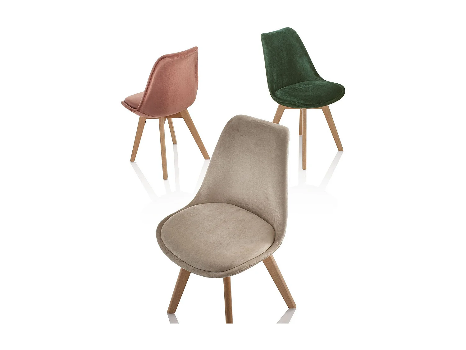 Beige fluwelen stoel en lichte massief beukenhouten poten Obys - Set van 4