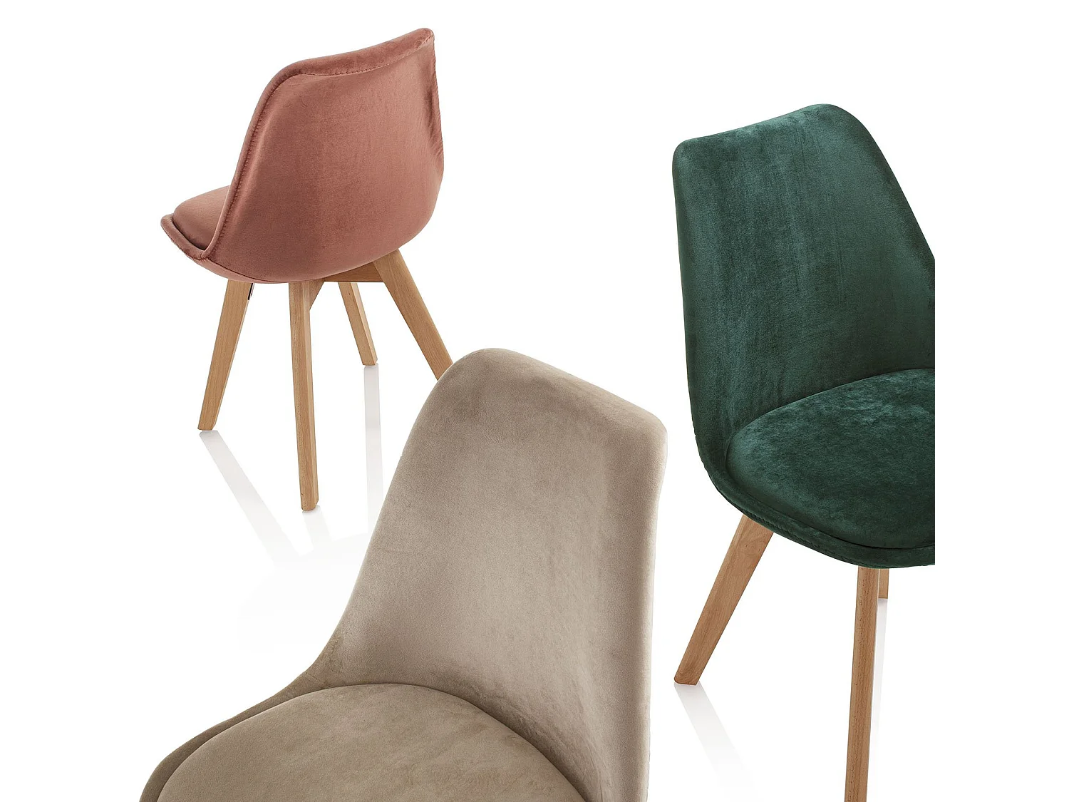 Beige fluwelen stoel en lichte massief beukenhouten poten Obys - Set van 4