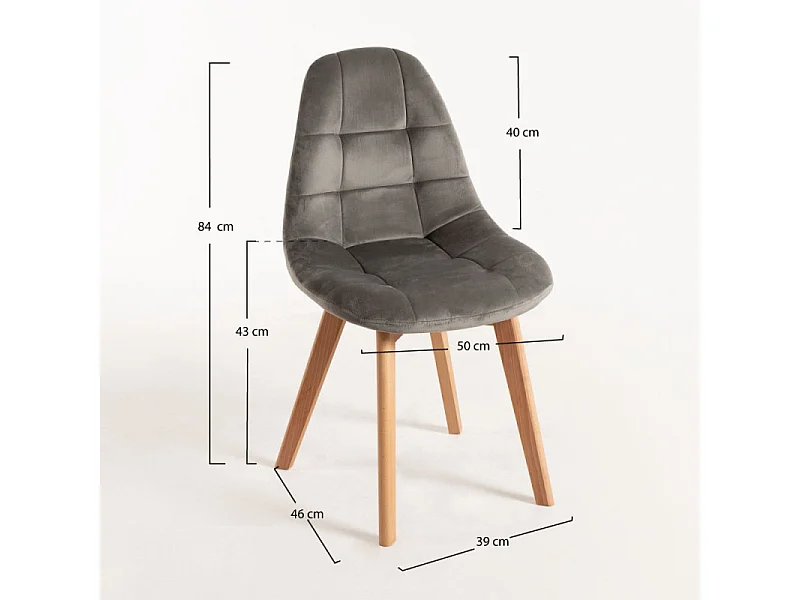 Silla Wany de terciopelo gris claro con patas de haya maciza clara - Lote de 2