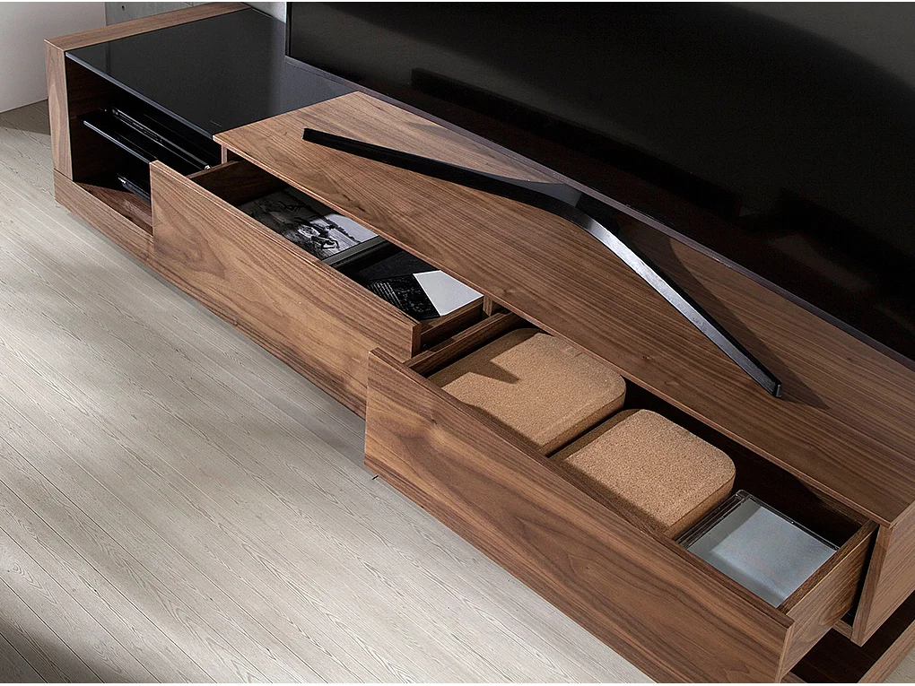 Vido TV-meubel met 2 laden in walnoothout en zwart getint glas 200 cm