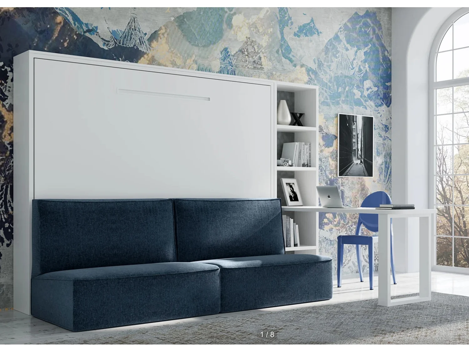 Lit escamotable horizontal LOGIA-140x190-Canapé Beige-Structure Blanche-Version lit+canapé+étagère