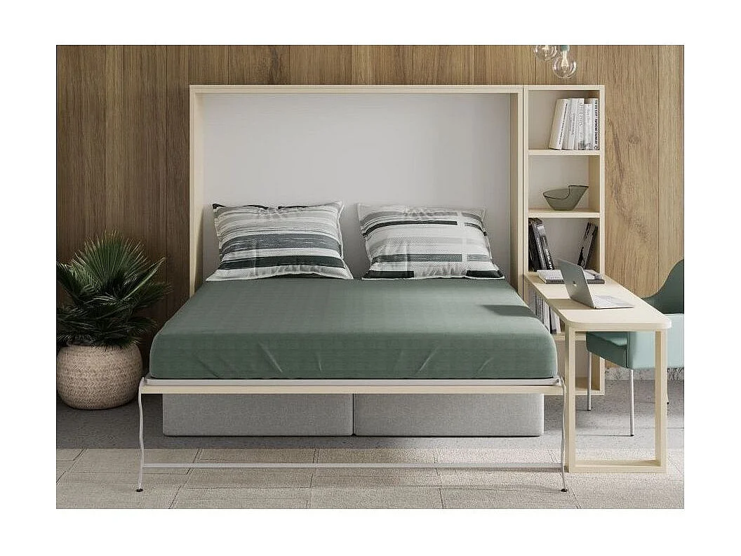 Lit escamotable horizontal LOGIA-140x190-Canapé Beige-Structure Blanche-Version lit+canapé+étagère