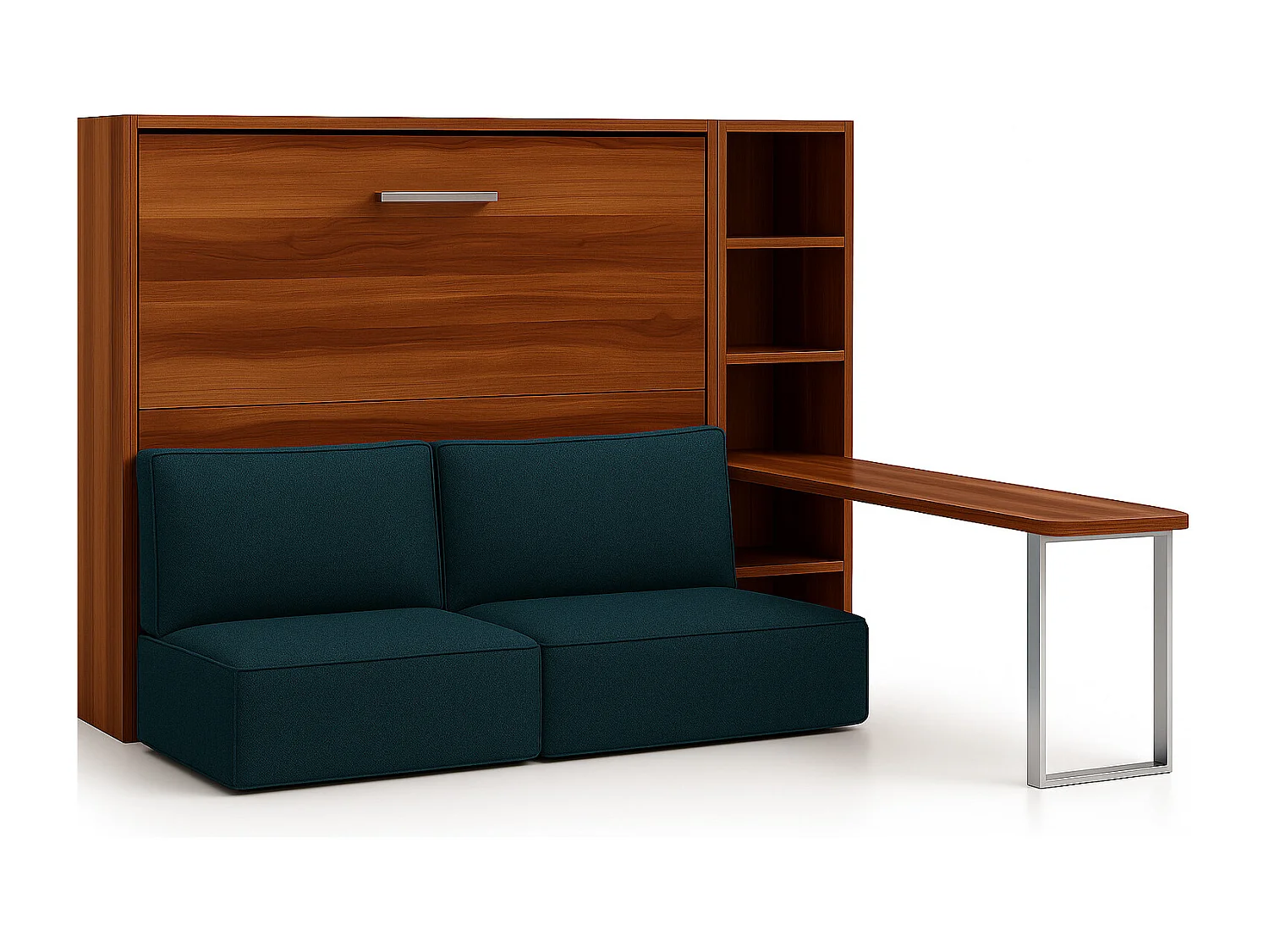 Lit escamotable horizontal LOGIA-140x190-Canapé Bleu canard-Structure Noyer-Version lit+canapé+étagère+bureau