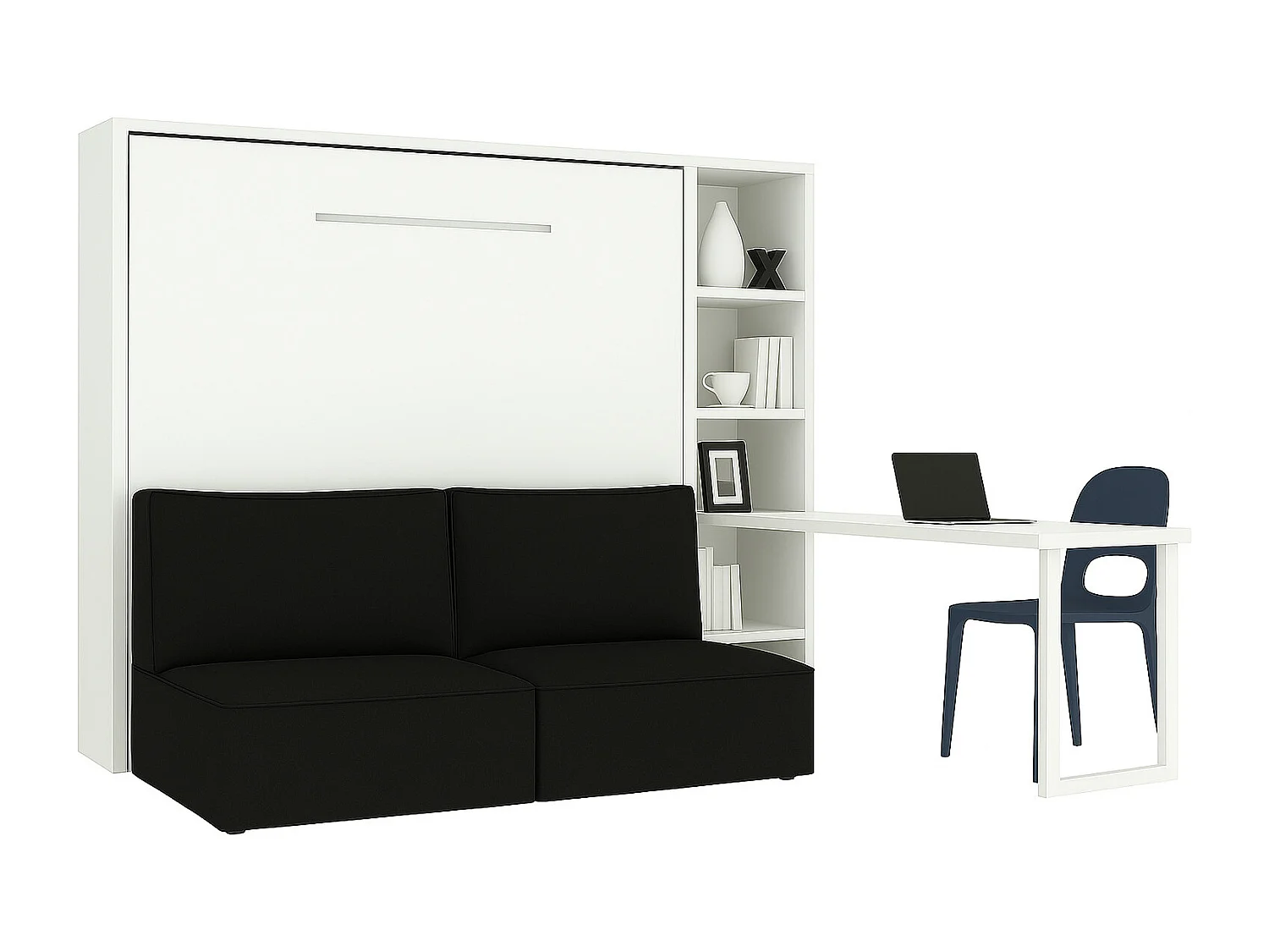 Cama abatible horizontal con banqueta LOGIA-140x200 cm-Sofá Negro-Estructura y fachada Blanche-Versión cama+sofá+estantería+escritorio