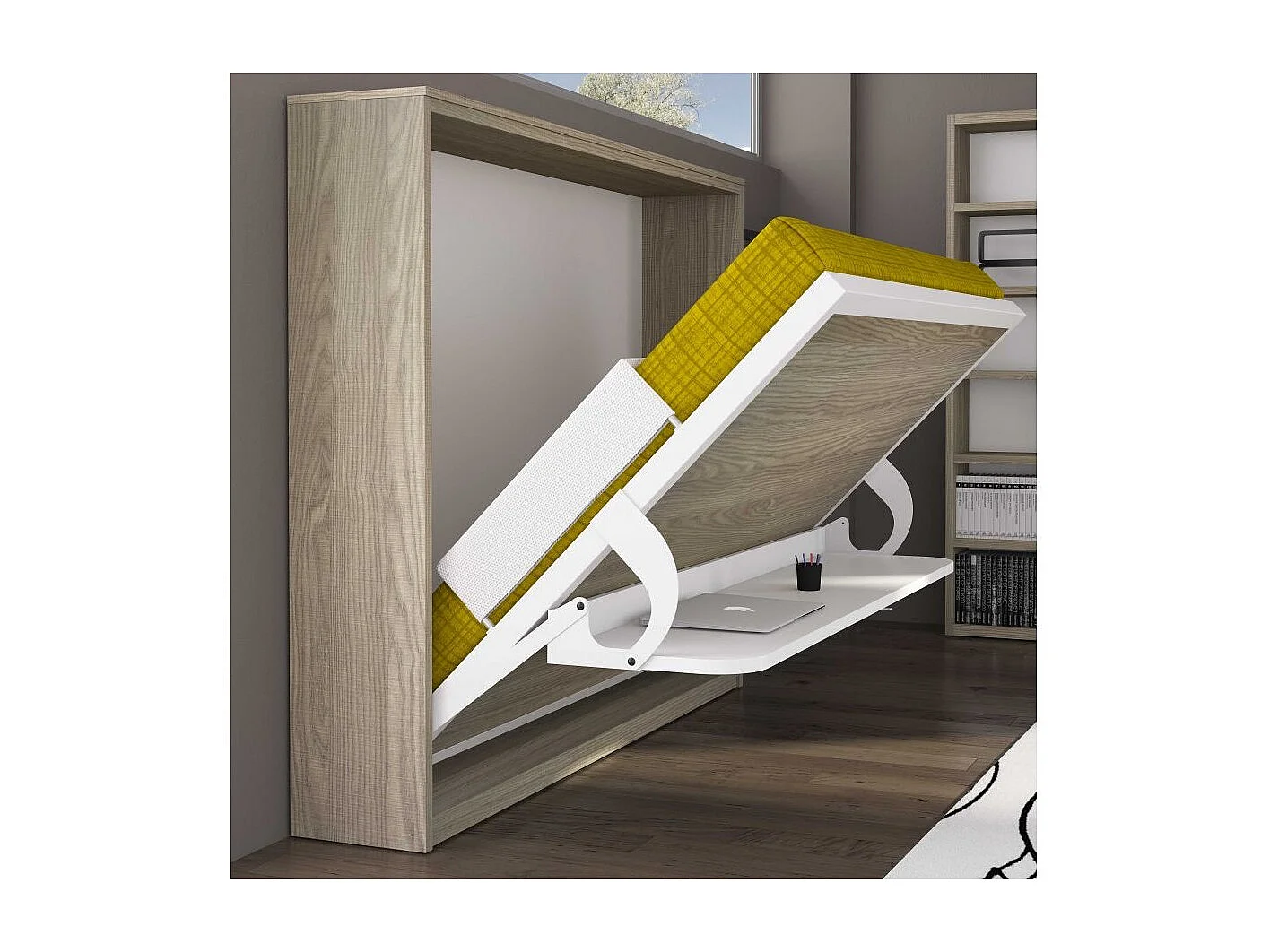 Lit escamotable horizontal 140x190 avec bureau Bona-Avec matelas-Cadre Gris ciment-Façade Gris ciment