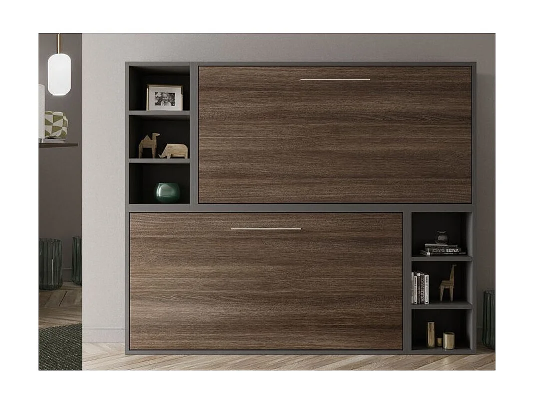 Lit escamotable superposé avec niches de rangement Briano-80x180-Cadre Noyer-Façade Noyer