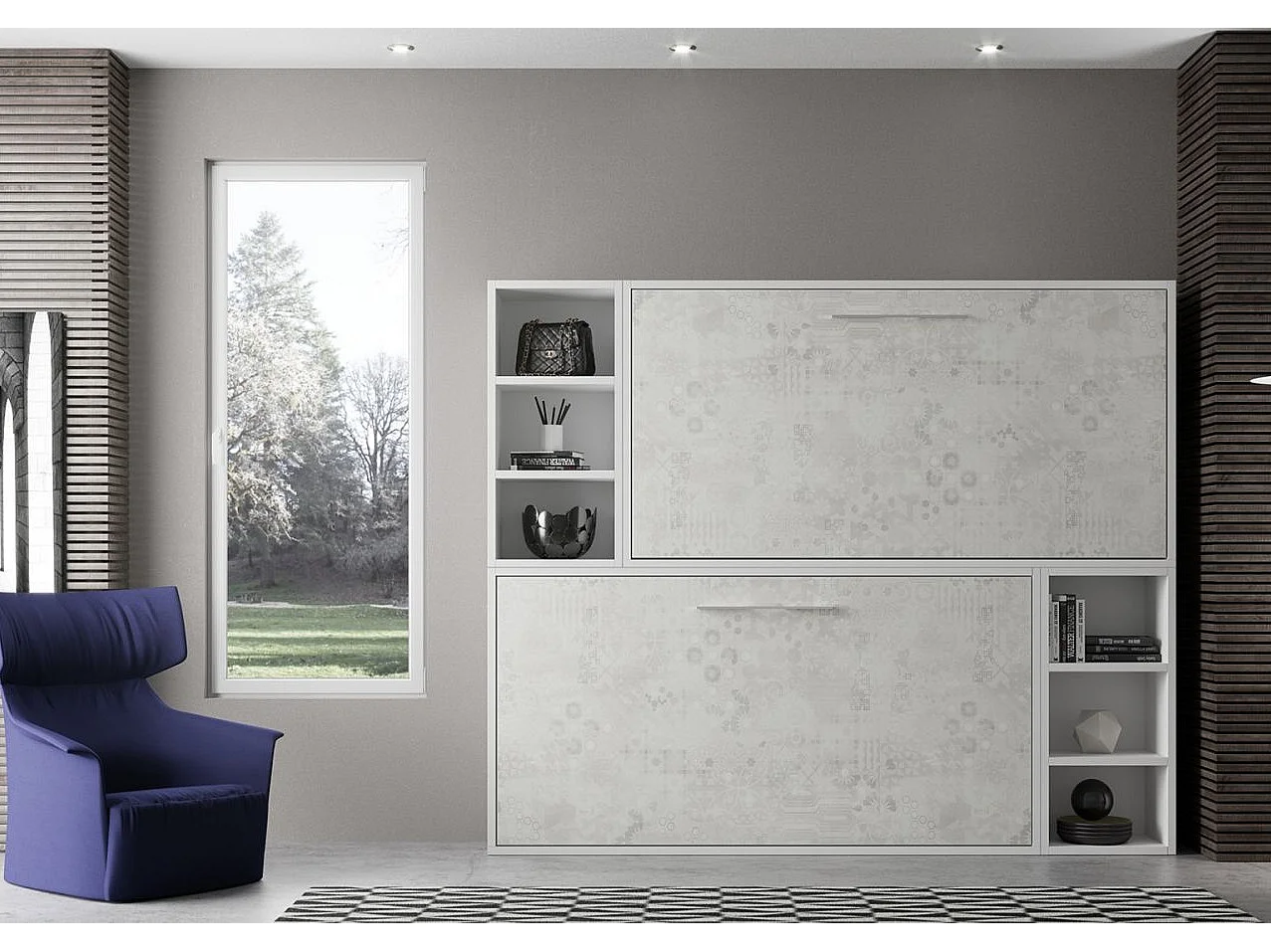 Lit escamotable superposé avec niches de rangement Briano-80x180-Cadre Noyer-Façade Noyer