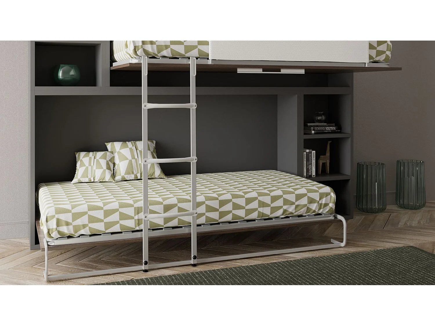 Lit escamotable superposé avec niches de rangement Briano-80x180-Cadre Noyer-Façade Noyer