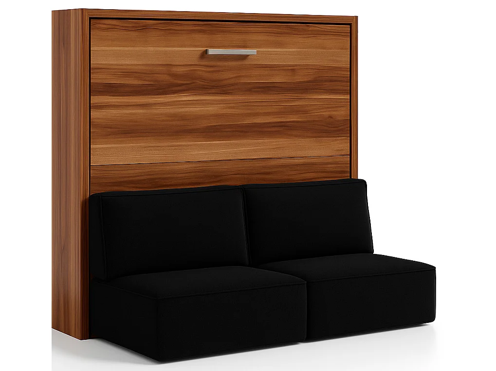 Lit escamotable horizontal LOGIA-140x200-Canapé Noir-Structure Noyer-Version lit+canapé