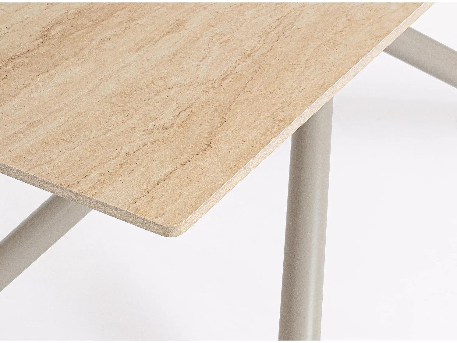 Table à manger ARGITA 180cm – Grès effet marbre & pieds acier réglables - 8 places-Beige