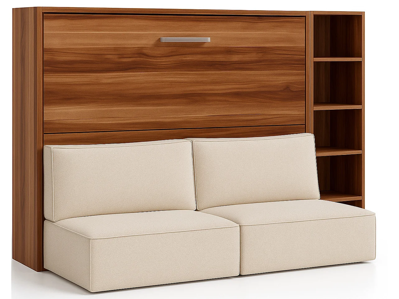 Lit escamotable horizontal LOGIA-140x190-Canapé Naturel-Structure Noyer-Version lit+canapé+étagère